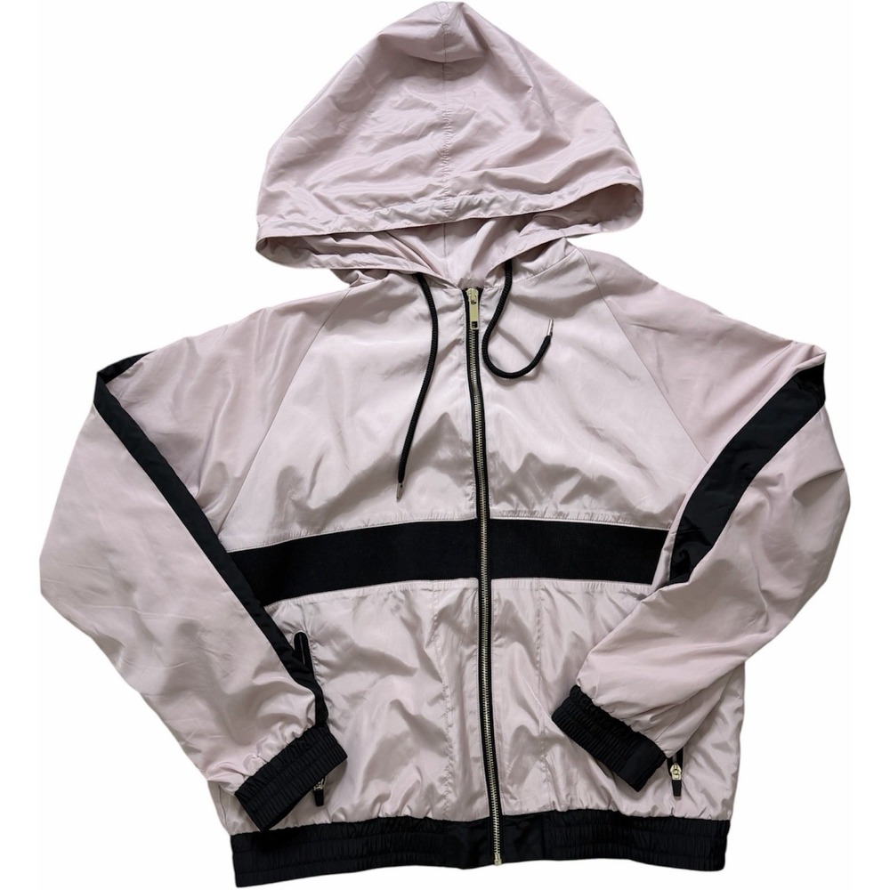 Forever 21 Hooded Windbreaker Jacket Womens Medium Beige Black Stripe Light Zip